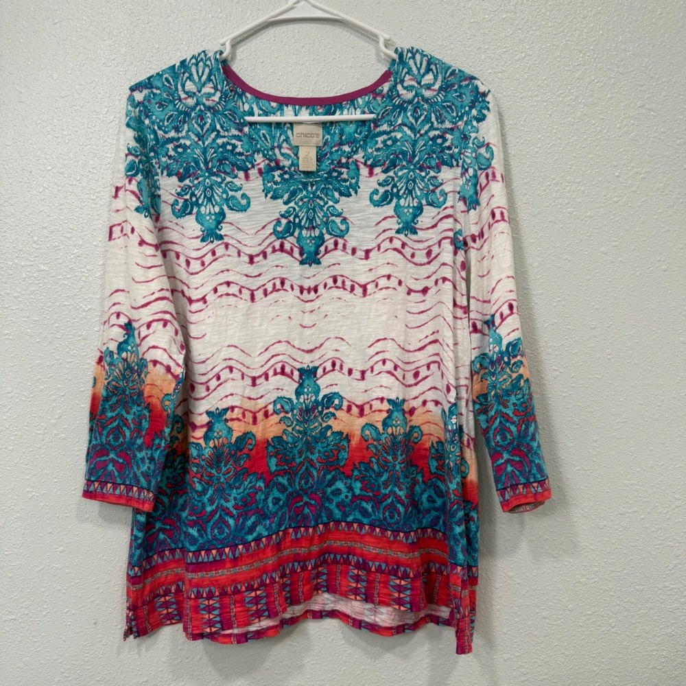 Chicos Womens Size 2 Multi Color Damask Print 3/4 Sleeve Cotton Modal Top